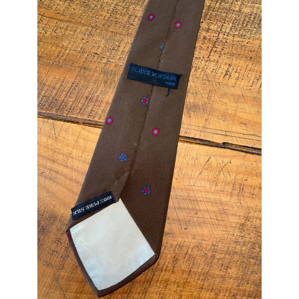 Mens Claude Montana Paris 100% Silk Brown‎ Star Design Tie - Picture 5 of 8